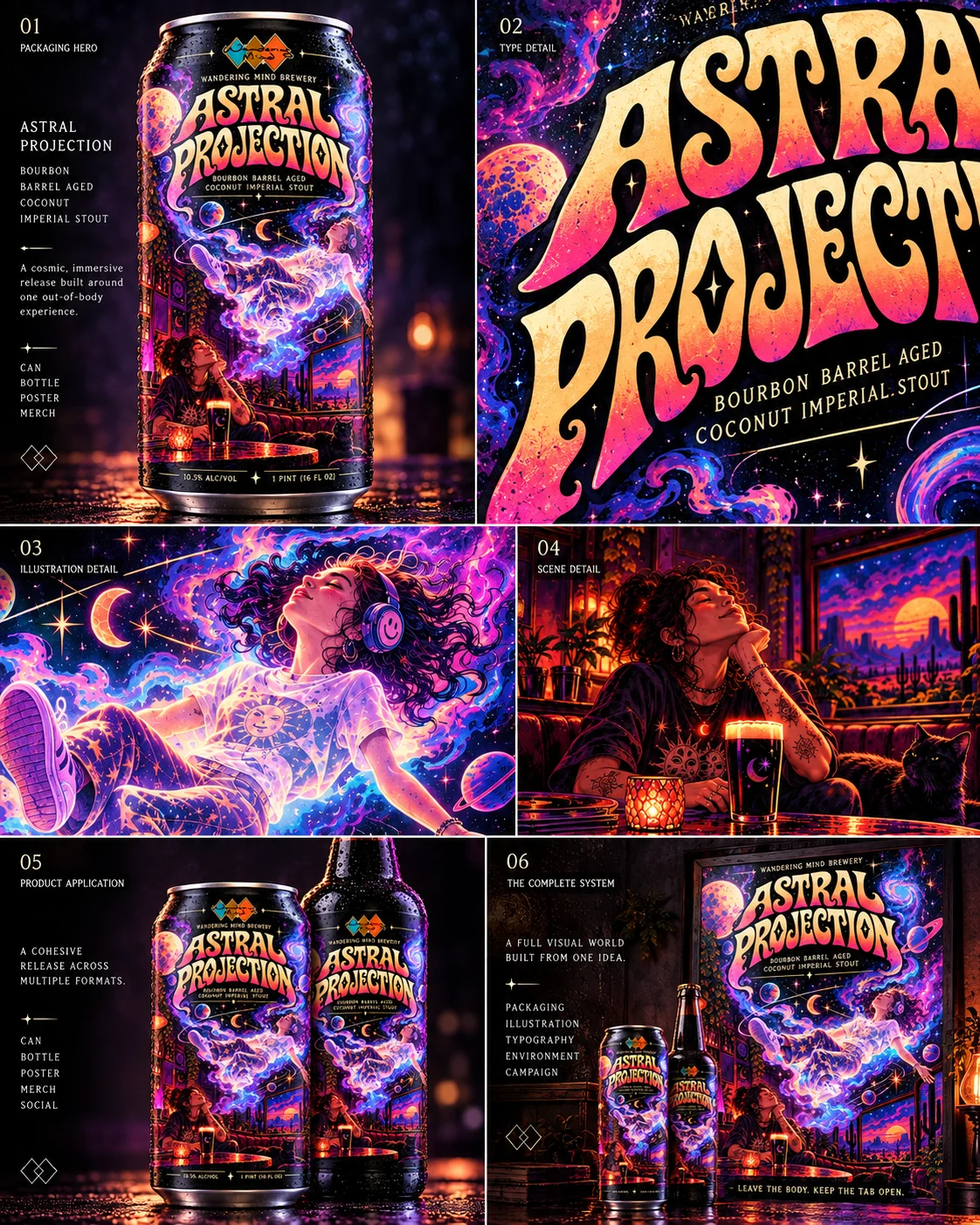Astral Projection concept board featuring packaging, lettering, illustration and campaign applications