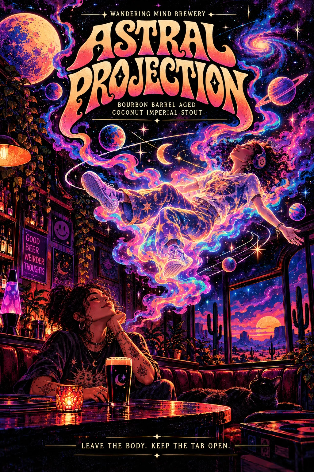 Astral Projection cosmic stout packaging and illustrated bar scene