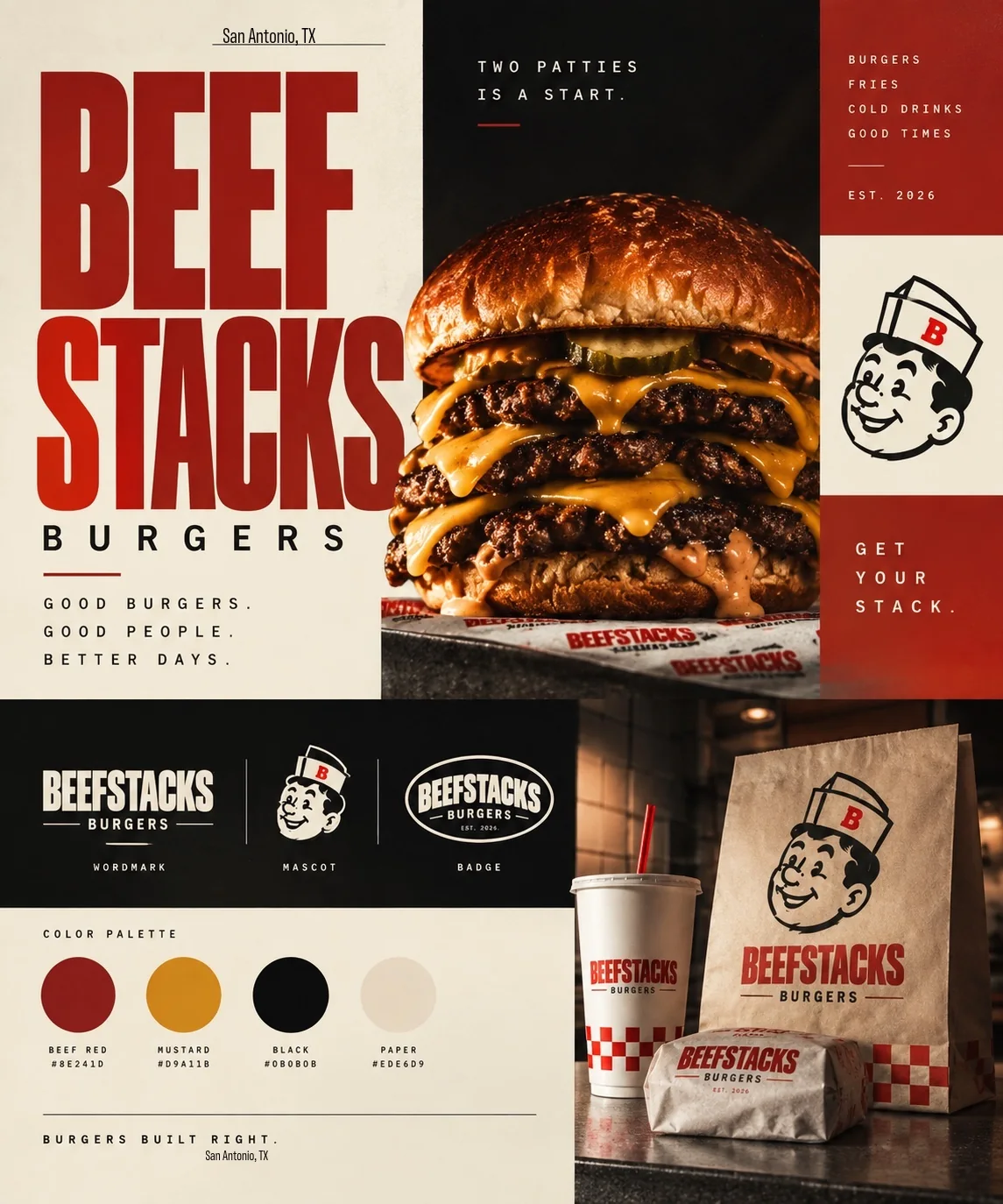 Beefstacks Burgers identity concept across menu, food packaging and printed graphics