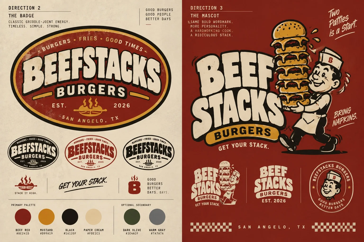 Beefstacks Burgers mascot and typography logo directions