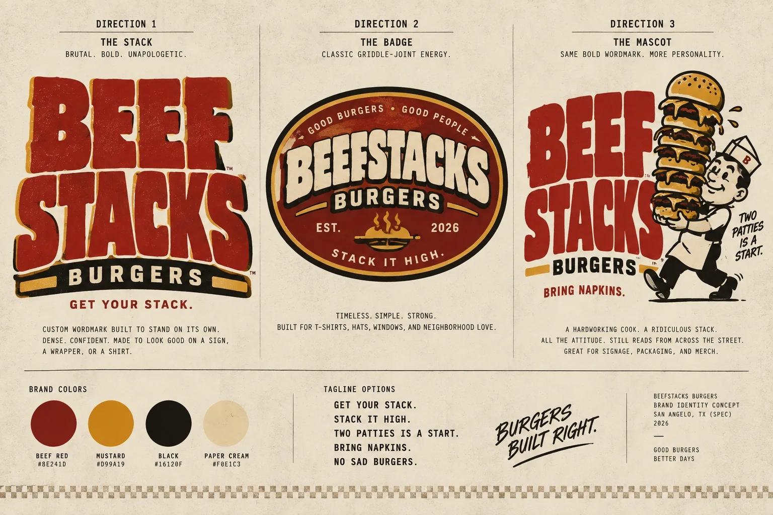 Beefstacks Burgers logo suite, colors and supporting brand elements
