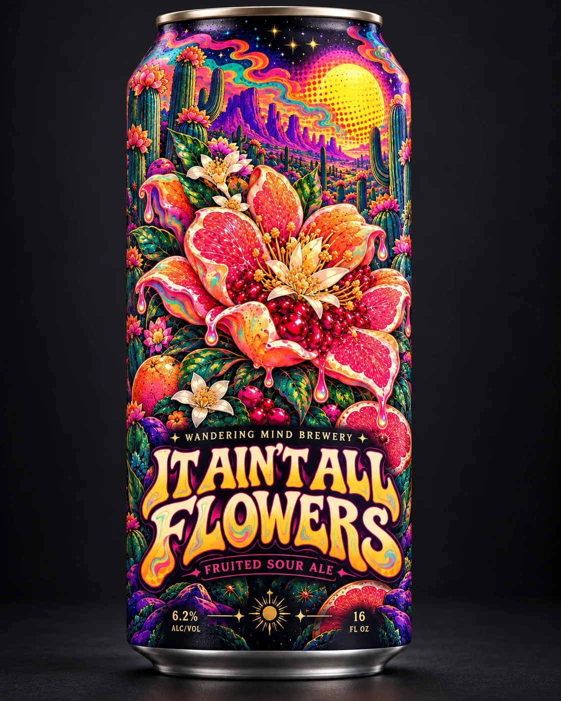 It Ain’t All Flowers fruited sour ale can featuring psychedelic fruit and flower illustration