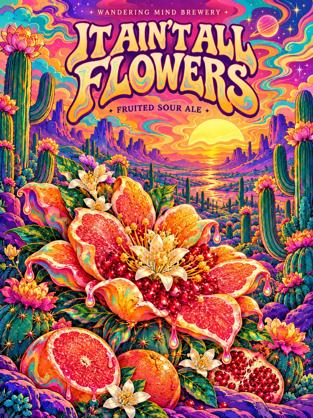 Illustrated psychedelic desert bloom with fruit and It Ain’t All Flowers lettering