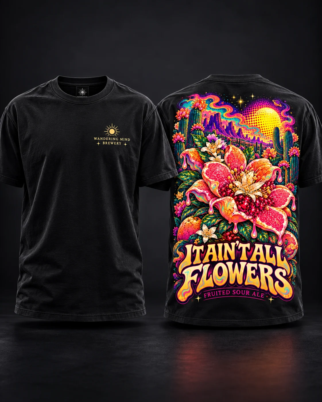 Black T-shirt front and back mockups featuring the It Ain’t All Flowers release illustration