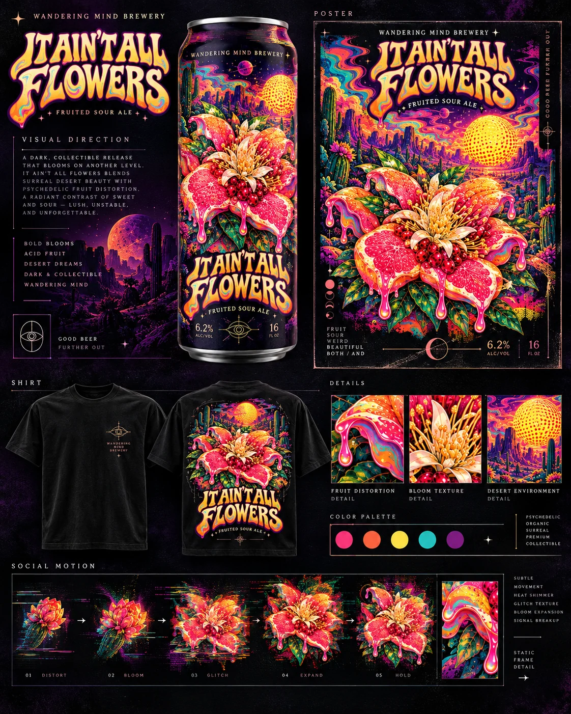 Packaging, poster, design details and apparel presented together in a fruited sour ale concept board