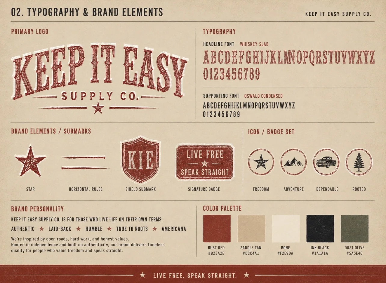 Keep It Easy Supply Co. typography, logo elements and brand palette
