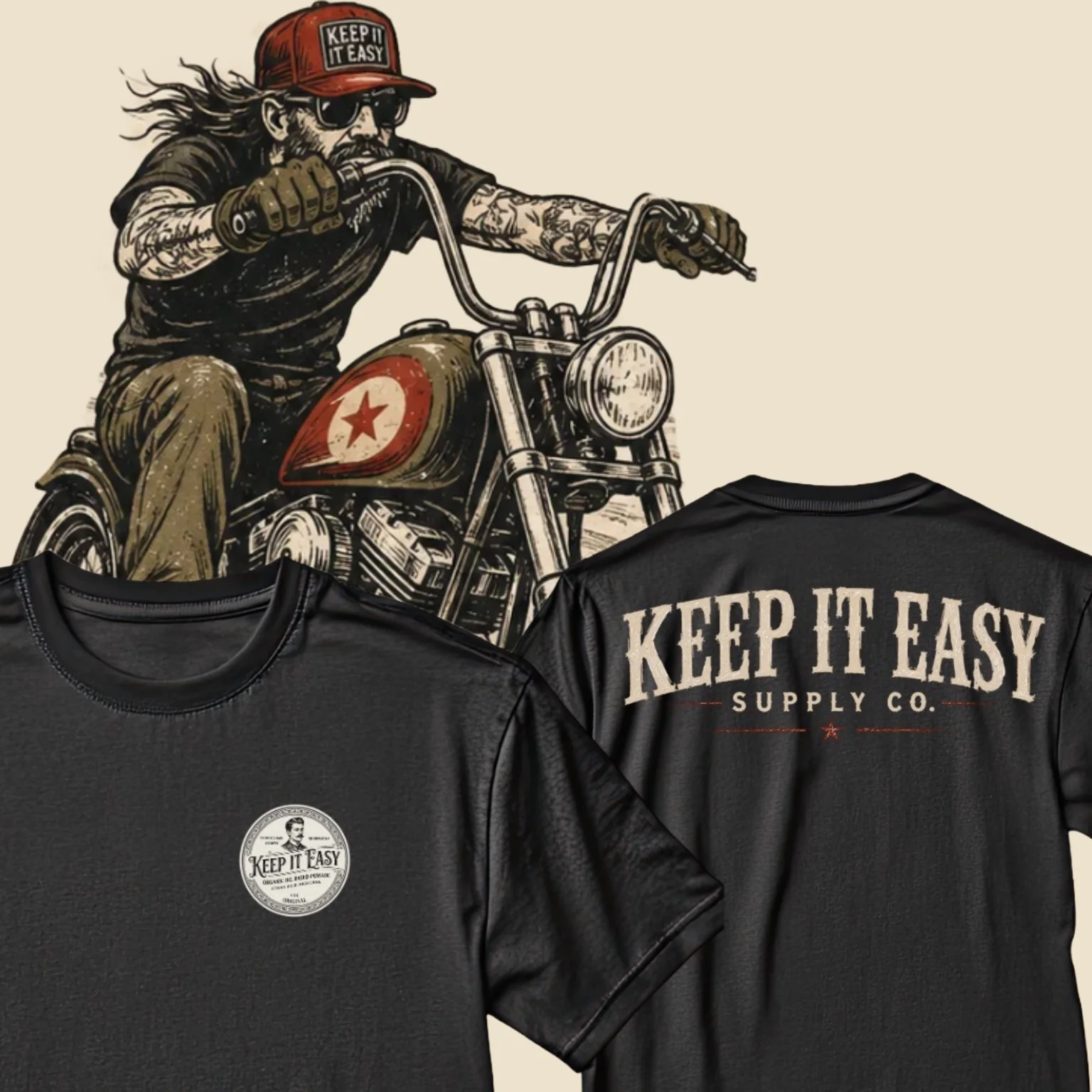 Keep It Easy Supply Co. motorcycle character and apparel design