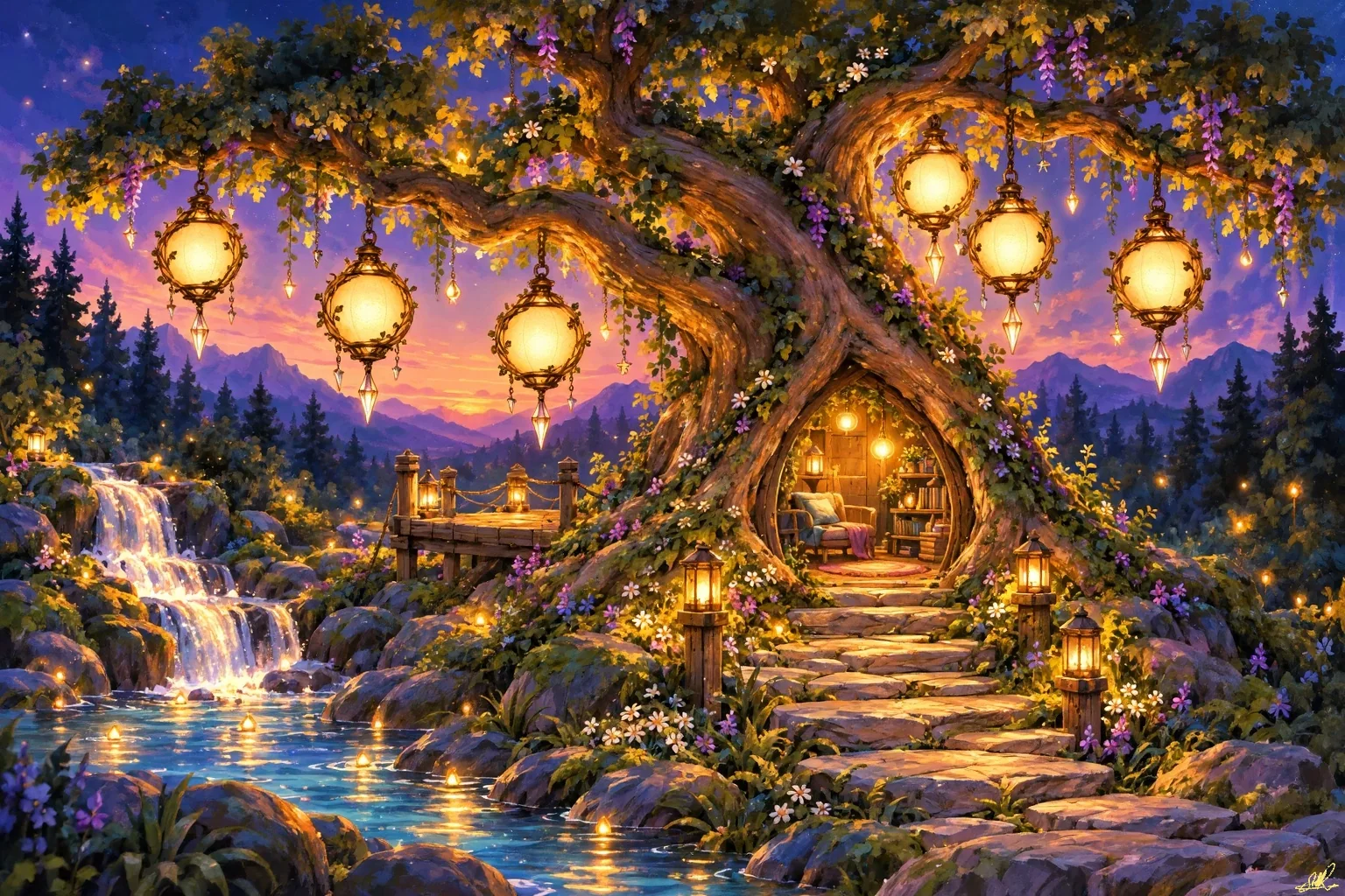 Luma Wisdom Tree illustrated in a glowing storybook forest with six lanterns
