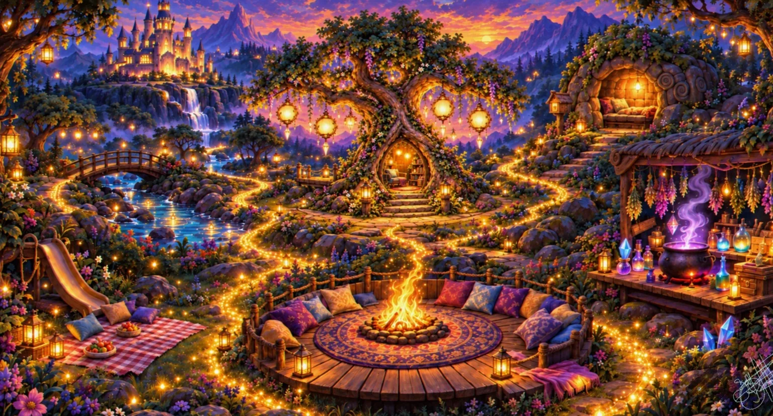 Wide illustrated nighttime storybook world of the Wisdom Tree for Luma