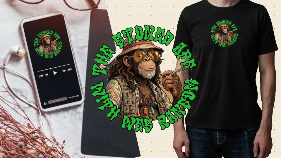 The Stoned Ape Podcast illustrated graphic on apparel and a phone mockup