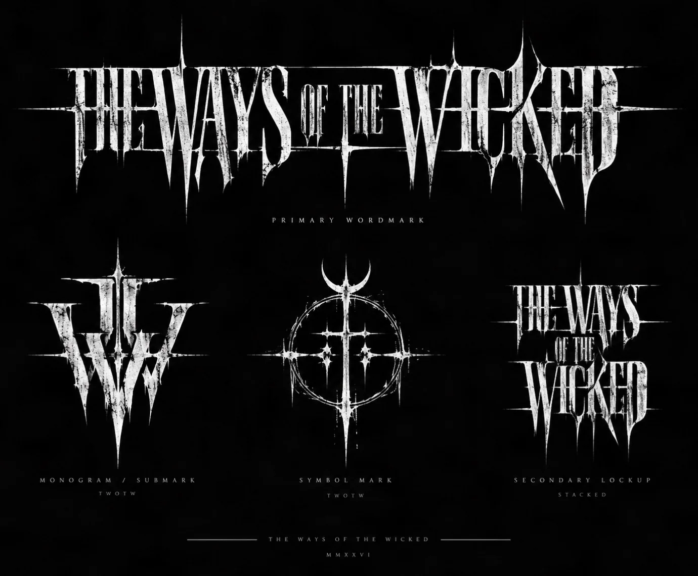 The Ways of the Wicked wordmark and supporting symbol explorations